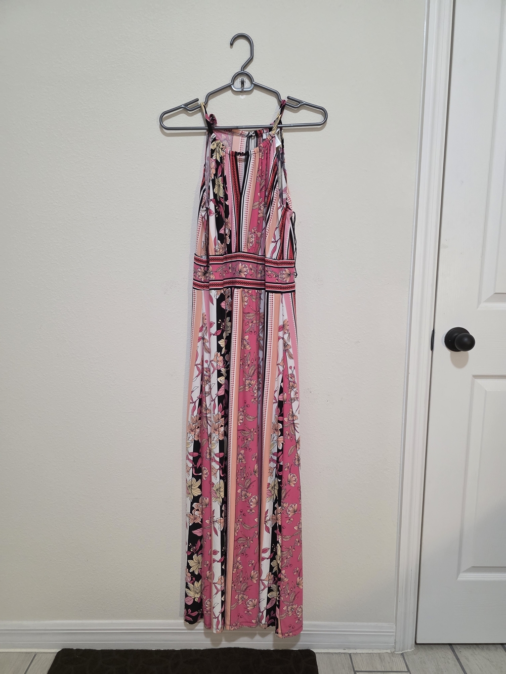 London Times Pink Floral and Black Striped Halter Maxi Dress